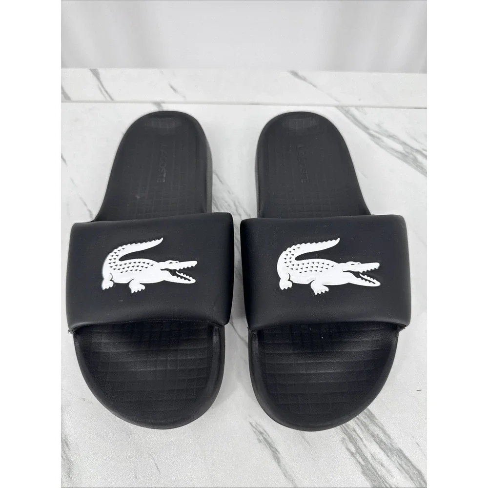 Lacoste Men's Logo Serve Slides 1.0 Sz 8 Logo Cushion Comfort Black Croc Slip On
